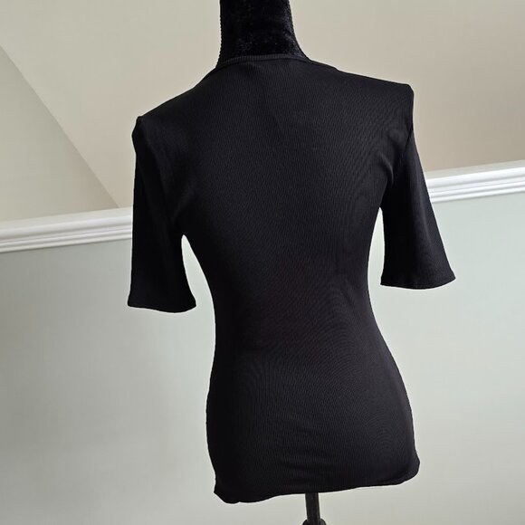 WHBM FORME Short Sleeve Lace Up Criss Cross Black Ribbed Top Size Medium NWT - Picture 7 of 12